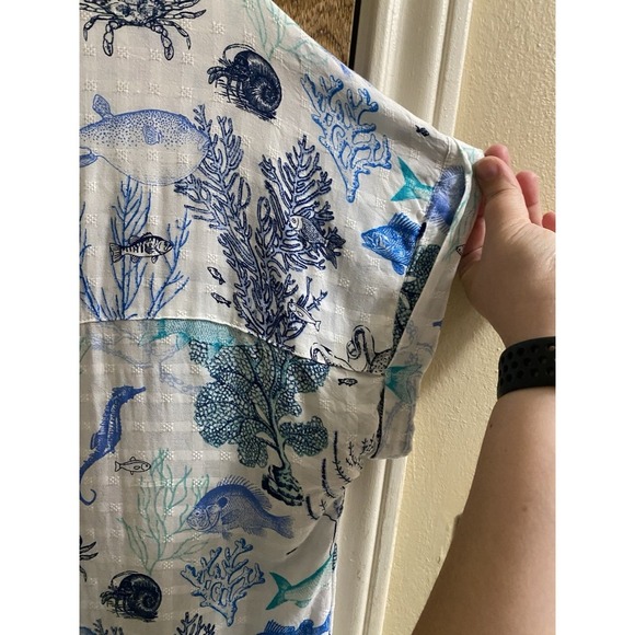 Jane + Delancey White Blue Sea Life Print Short Sleeve Button Blouse L Light - Picture 13 of 13